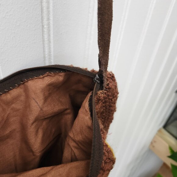 Vintage 1970's Handmade Brown & Yellow Crochet Purse with Leather Strap - Picture 11 of 16